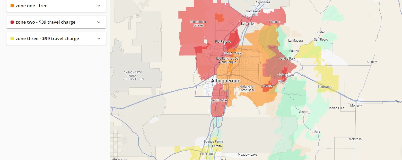 Mint Duck service area map showing three zones across the greater Albuquerque area
